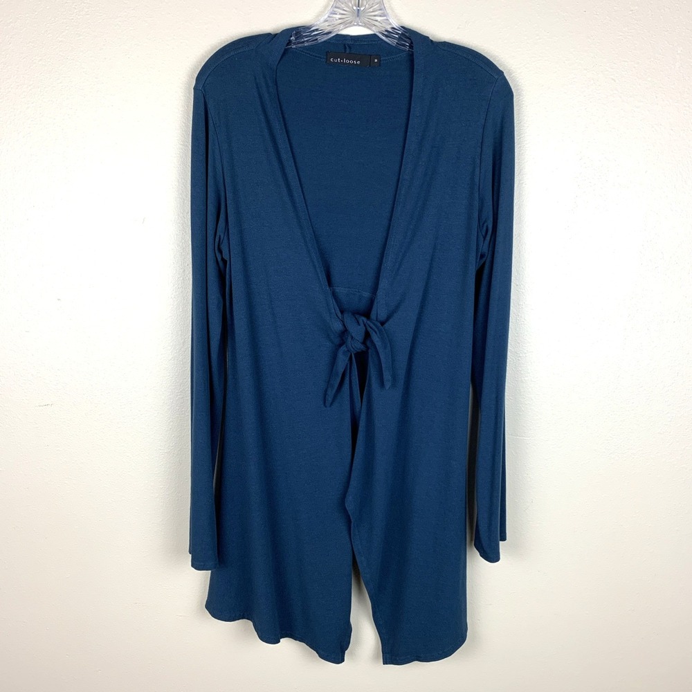 Cut Loose Cardigan Sweater Tie Front Blue Size M Boho Lagenlook Rayon Stretch